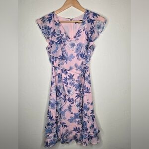 Tommy Hilfiger Pink Chiffon Floral Fit & Flare Ruffle Dress Size 2
